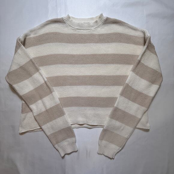 Moon & Madison Women's Cropped Knit Striped Neutral Long Sleeve Sweater Sz Small - Picture 1 of 8